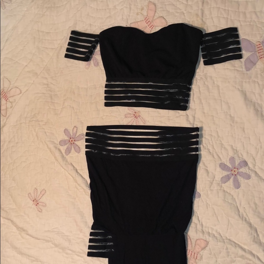 2 piece black crop top and skirt